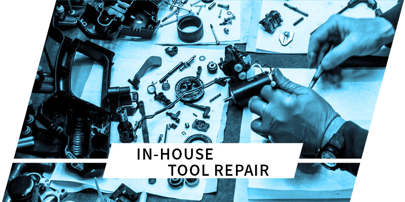 hands repairing strapping tool on table with text in-house tool repair