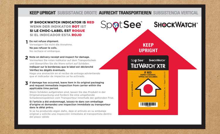 shockwatch tiltwatch xtr label with red upward arrow and instructions on corrugated box